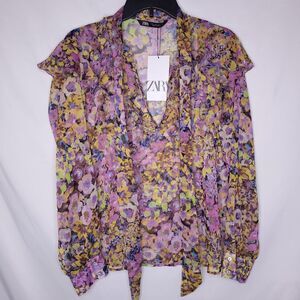 Zara Blouse Large Floral Purple, Yellow Sheer Ruffle Fairy NWT